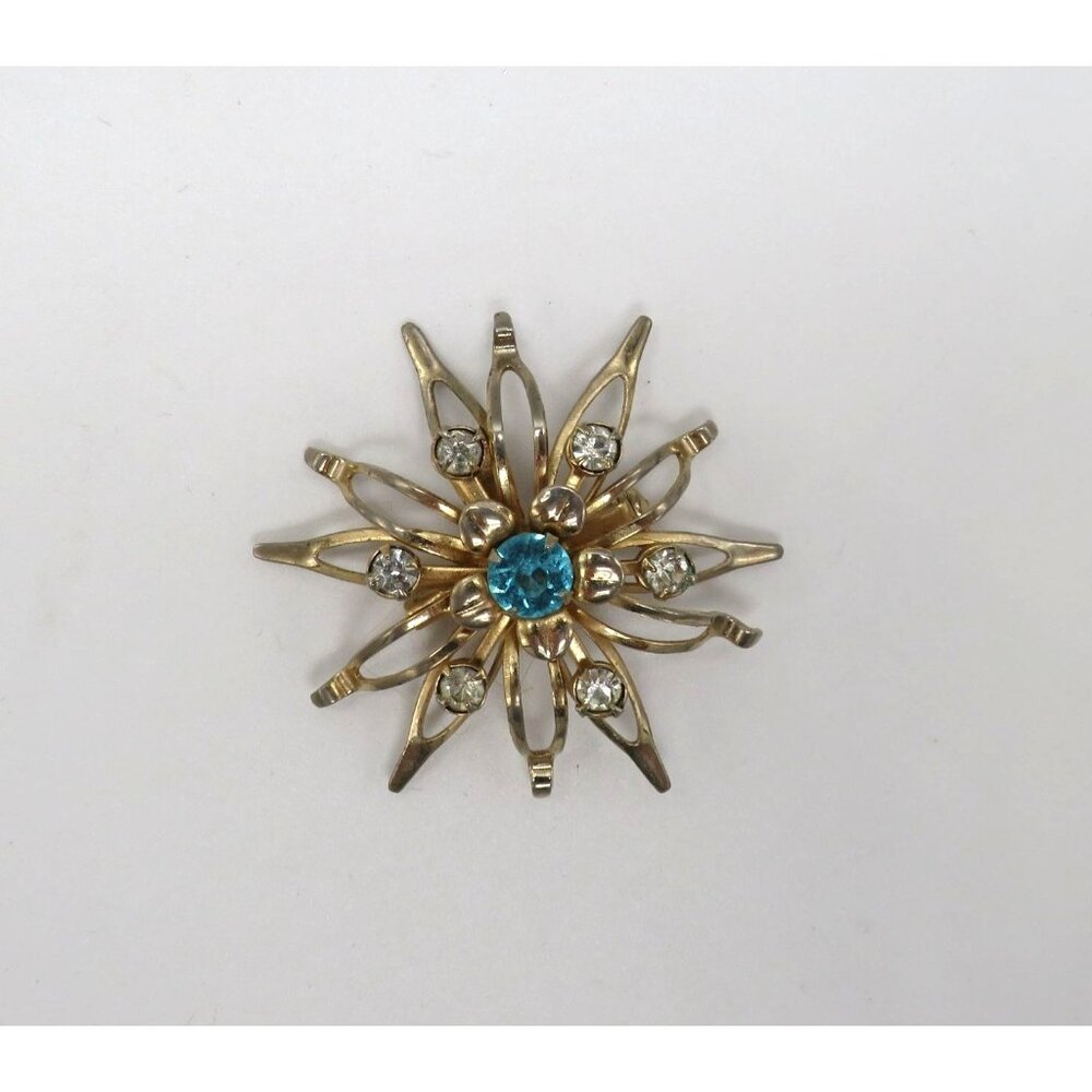 Vintage Starburst Brooch Blue Clear Rhinestones 2" Gold Tone Prong Settings‎
